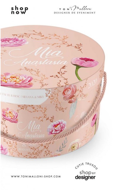 Cutie trusou botez cu bujori roz pastel si fundal somon 1